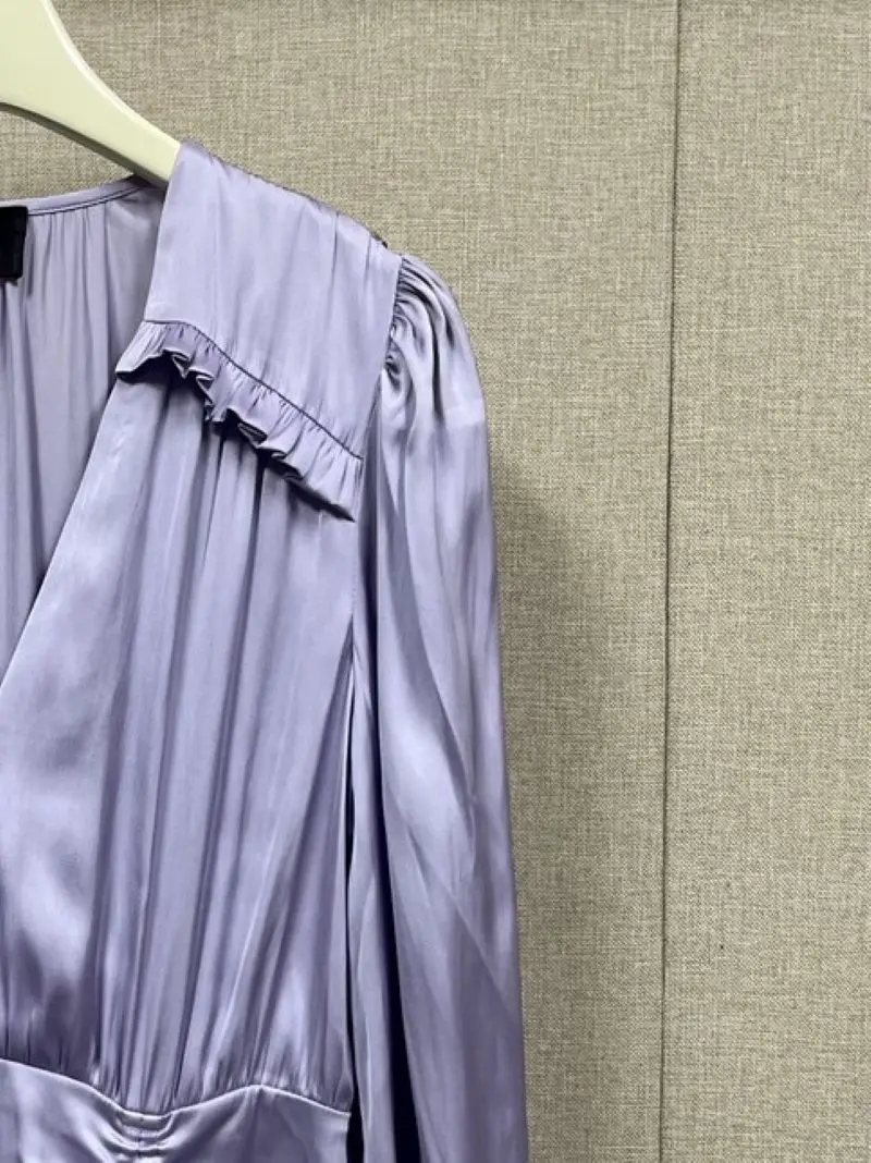 

2023 Spring Women Ruffles Spliced Irregular Hem Long Lantern Sleeve V-Neck Elegant Satin Maxi Dress