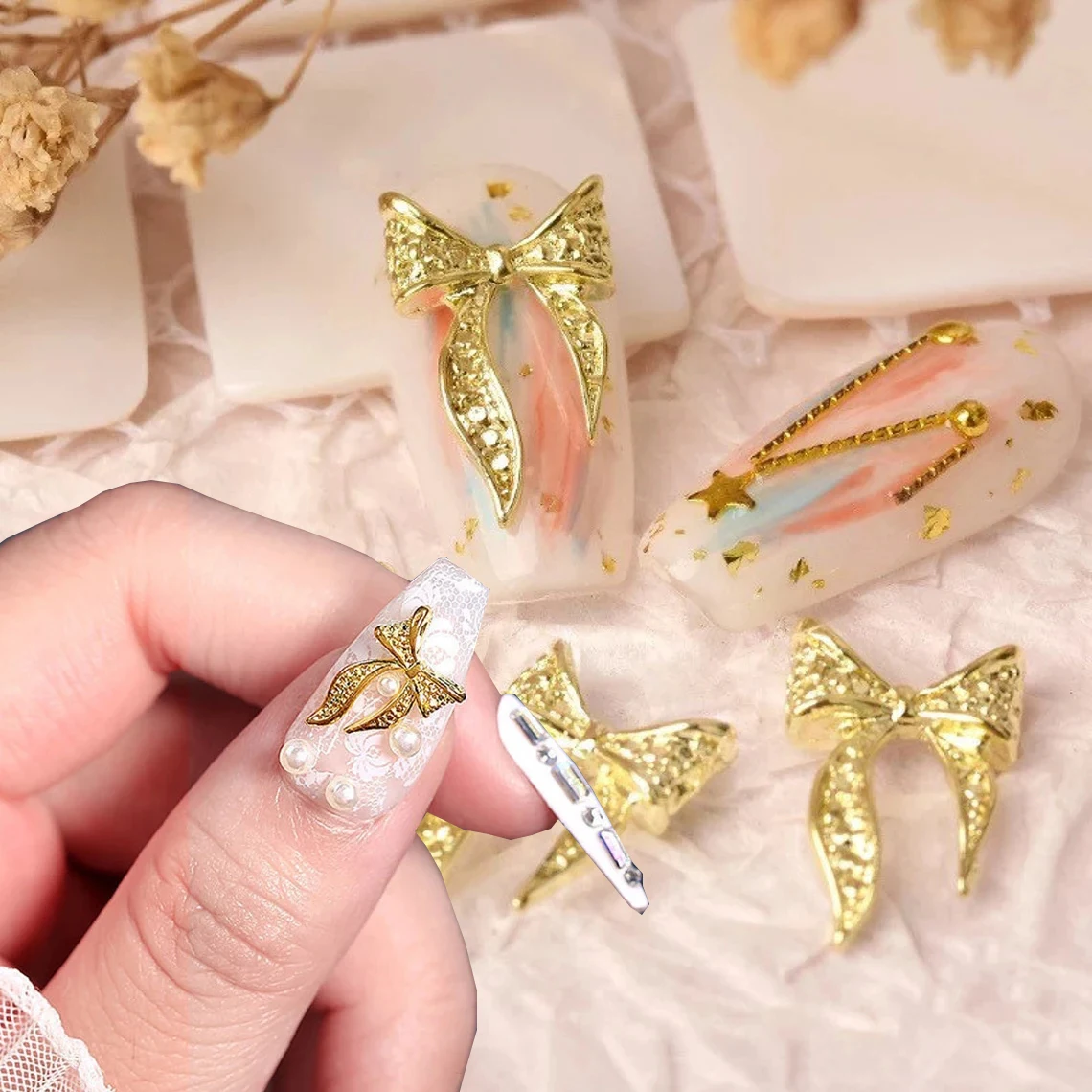 

50pcs 3D Alloy Bow Beauty Nail Design Gold Silver Bowknot Rhinestone Shiny Nail Charms 9X15mm Ribbon Manicure Jewelry Ornaments
