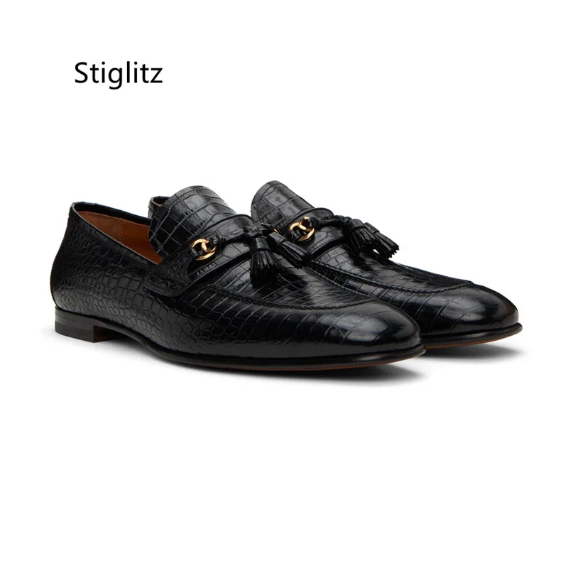 

Black Alligator Pattern Tassel Leather Shoes for Men Slip On Flats Elegant Man Dress Shoes Casual Business Shoes 2023 Spring