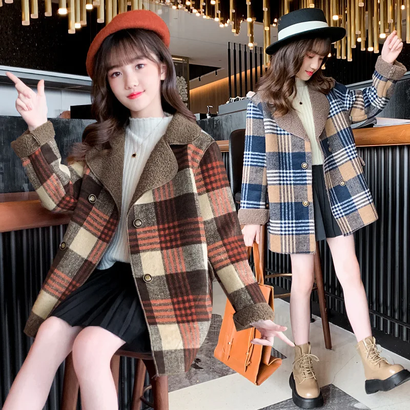 

Fashion Winter Grid Girls Wool Coat Warm Thick Teenage Clothes Girl Winter 8 To 12 Years Manteau Fille Hiver Kids Winter Jackets