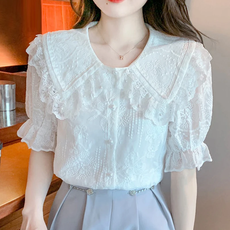 

Элегантная летняя белая кружевная блузка с коротким рукавом и воротником «Питер Пэн», офисные женские модные топы, женская повседневная одежда, блузы 22388