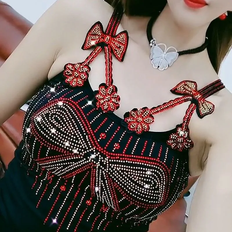 

Summer Women Bead Work Camis Femme Padded Camisole Lady Sexy Bling Bling Gemstones Camis Tops