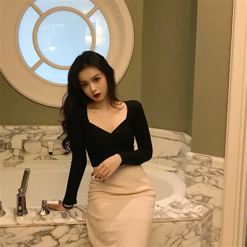 Топ женский с квадратным вырезом пикантная футболка длинным рукавом и V-образным