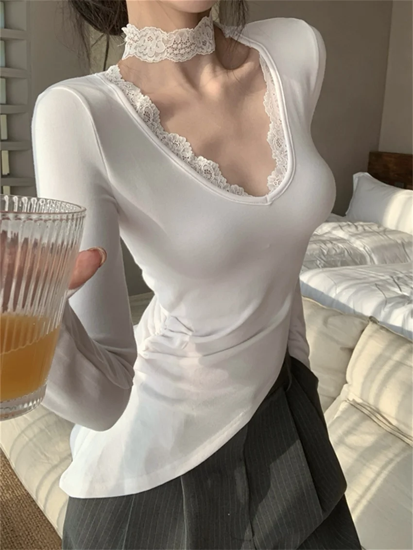 Женская Кружевная футболка с V-образным вырезом и длинным рукавом
