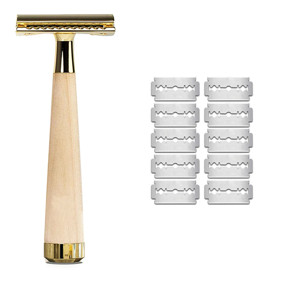 Double Edge Safety Razor Imitation Maple Wood Handle Zero Waste Reusable Safety Razor For Men&Women With 20 Shaving Blades