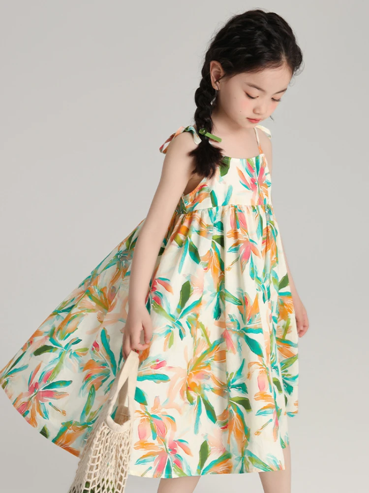 Юбка для девочек лето 2023 новый узор листьев платье с лямкой на шее удобный