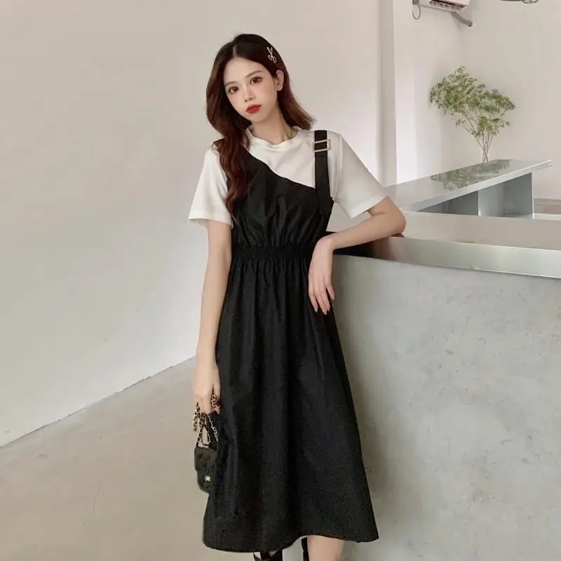 

2022 Korean Fashion Summer Casual Dress Elegant Simple Loose Cotton Dresses Women Short Sleeve Stitching Cute Retro Long Skirt