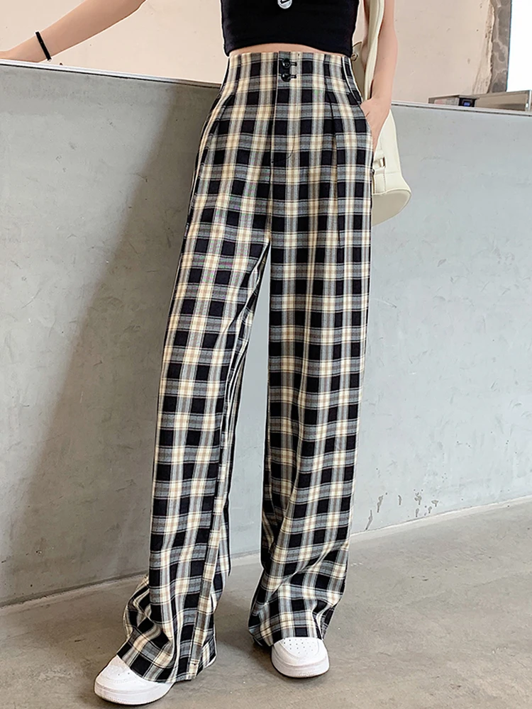 

Spring Summer Autumn New Thin High Waist Plaid Women's Pants Casual Loose Slim Grid Wide Leg Pants Female Trousers For Woman