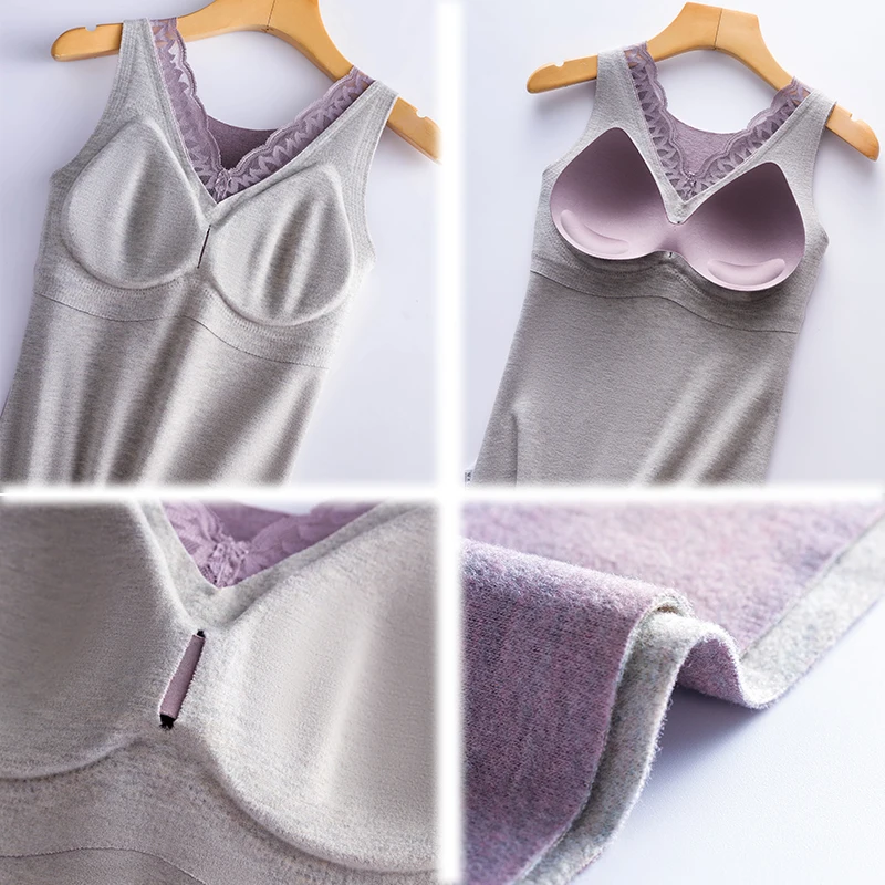 Asha&Vicki Autumn Winter V-neck Lace Seamless Velvet Thermal Vest Women Plus Velvet Lining Thickened With Cup Clothes