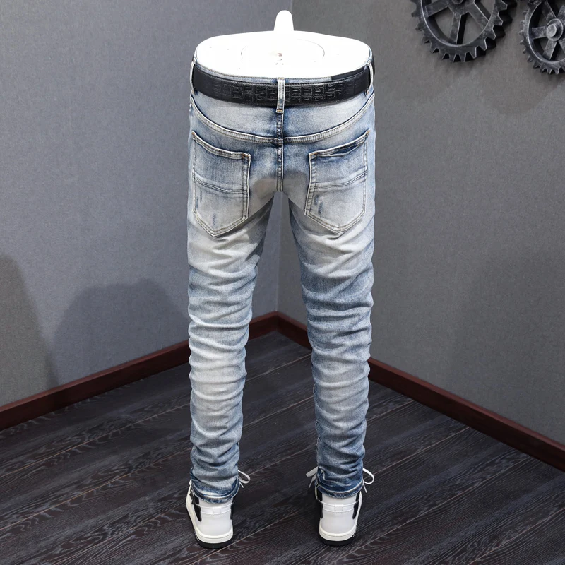 High Street Fashion Men Jeans Retro Light Blue Elastic Stretch Skinny Ripped Jeans Men Patch Designer Hip Hop Brand Pants Hombre