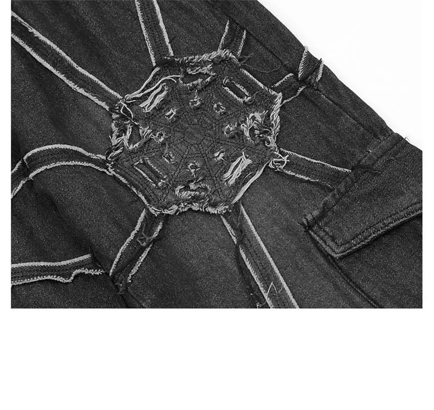 Men's 2023 Spring New American High Street Personality Ribbon Splice Spider Web Pattern Hip Hop Workwear Jeans
