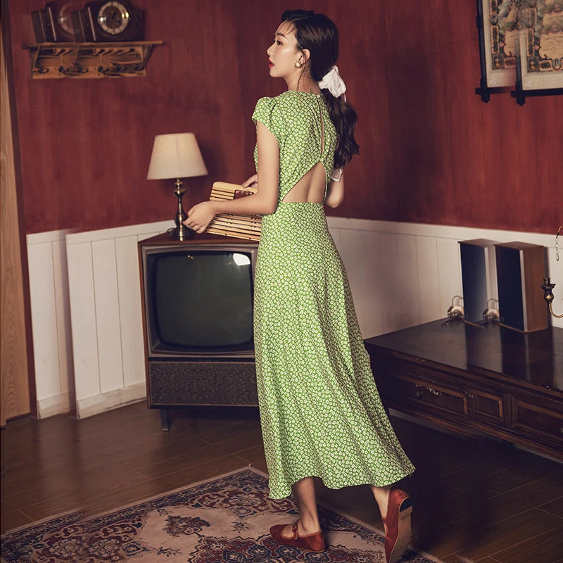 

Vintage Floral Print Dress Women Backless Short Sleeve High Split Dresses Women Summer French Style Sexy Green Dress Female Y959