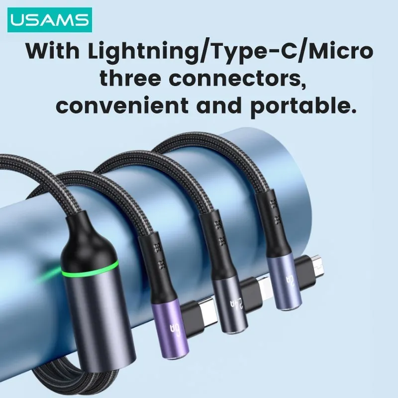 USAMS 66W 3 In 1 Right Angle Elbow Game Cable For iPhone iPad MacBook Quick Charging Data Cable For Huawei Xiaomi Samsung OPPO