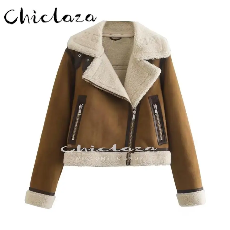 

CHICLAZA 2022 Autumn Winter Woman Fashion Suede Patchwork Lambswool Jacket Coat Female Warm Long Sleeve Zip Outwear Top