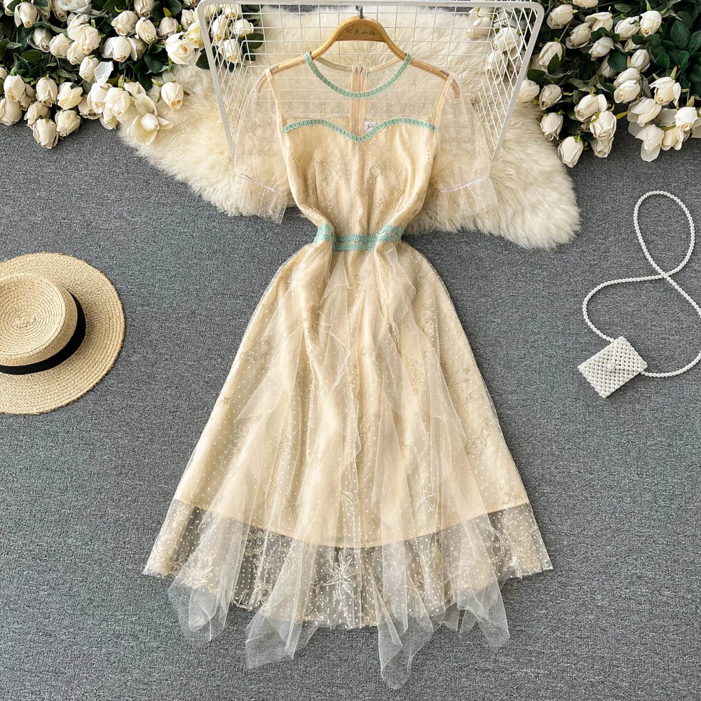 

Женское летнее облегающее газовое платье с круглым вырезом и высокой талией, элегантная праздвечерние чная одежда с коротким рукавом, G305