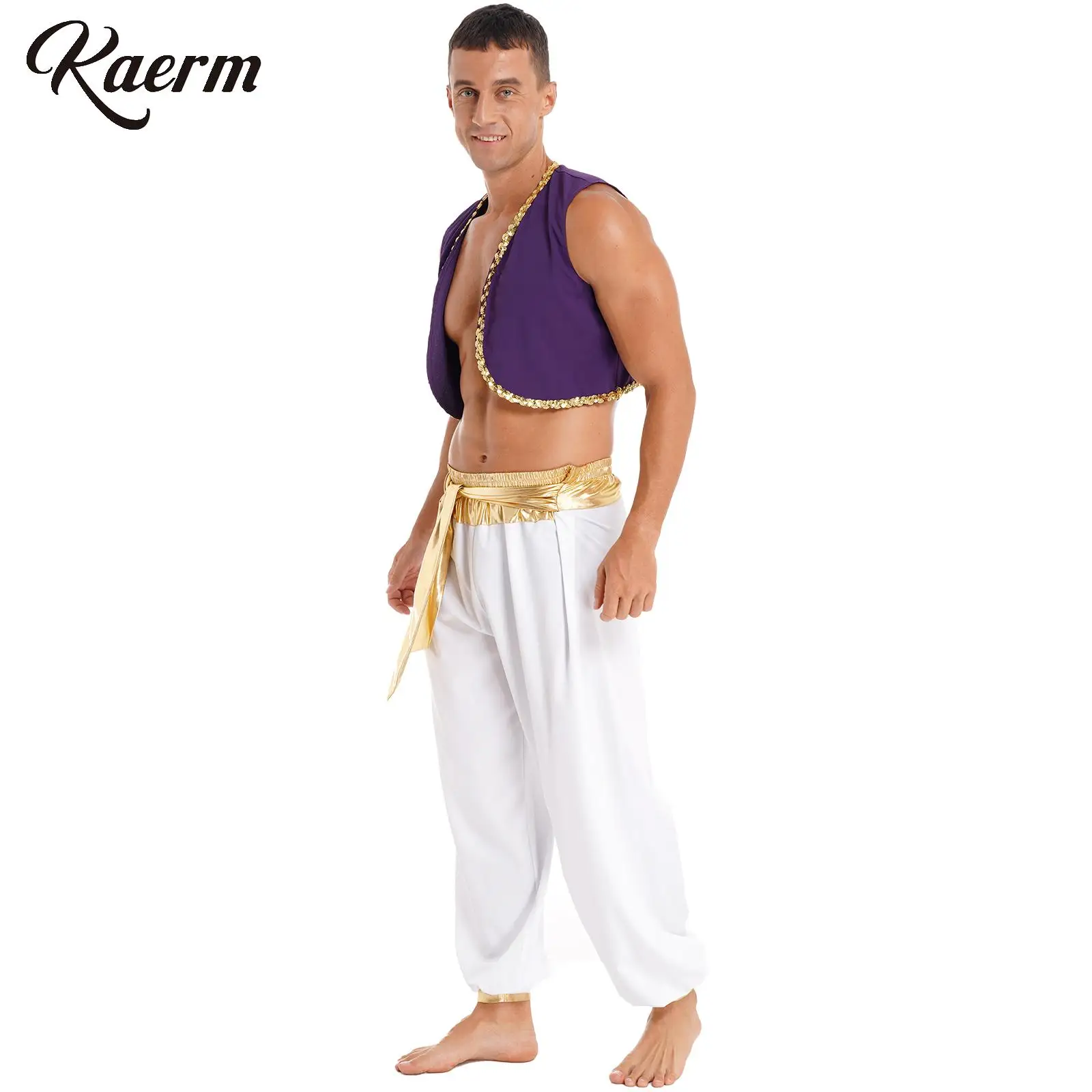 

Adult Aladin Costume Arabian Prince Dress-up Street Waistcaot Top with Harem Pants Halloween Carnival Party Stage Dancewear