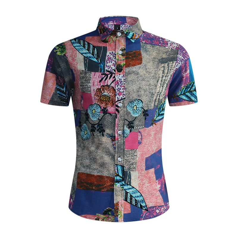 2022 linen short sleeve shirt Hawaiian Beach Flower Shirt Short Sleeve Lapel shirt