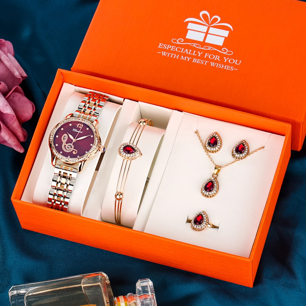 Luxury Women's Watch Bracelet Jewelries Box Set Quartz Stainless Steel Ladies Wristwatch Fashion Jewelry Present Case Female