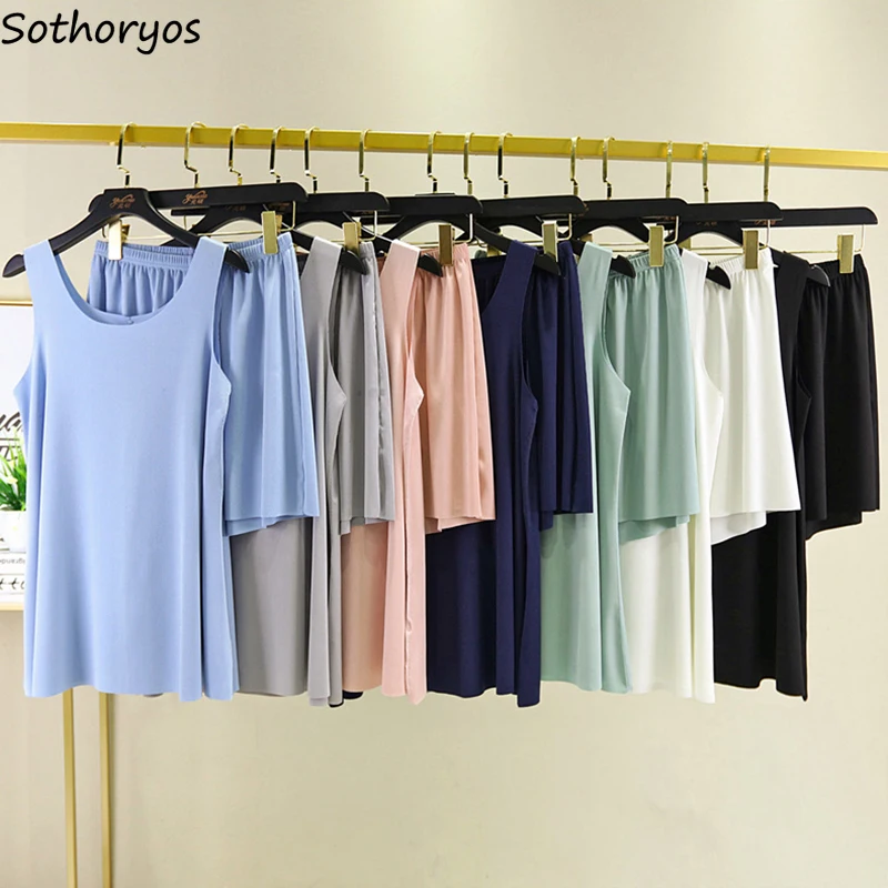 

Women Pajama Sets Ribbed Summer Breathable Sleeveless Sleepwear Solid Straight Elastic Waist Homewear Modal Casual Nightwear Ins