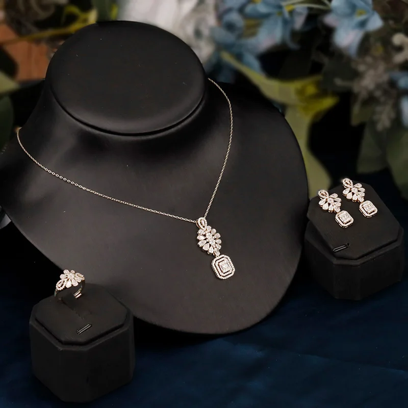 

BrideTalk New Design Stylish 3 PCS AAA Cubic Zirconia Luxury Jewelry Set Wedding Party Zircon Necklace Earrings Ring Jewelry set