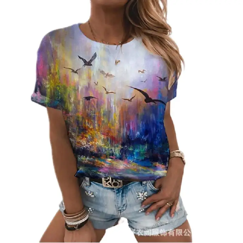 

Summer ladies 3D printed T-shirt abstract painting printing trend street casual short-sleeved loose comfortable T-shirt