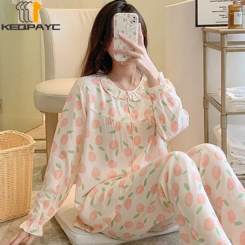 Women's Pajamas New Spring Autumn Peter Pan Collar Long Sleeve Thin Sleepwear Pyjamas Woman Cartoon Nightwear Clothing Sets