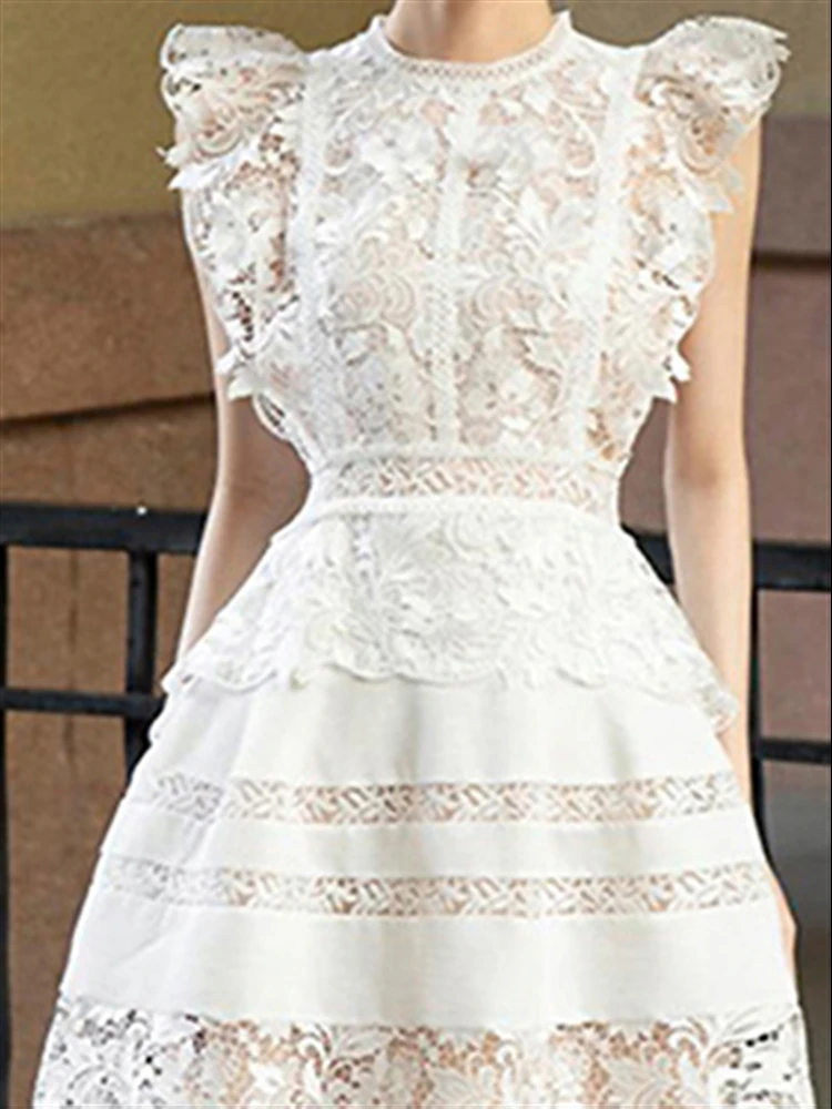 

Летнее женское однотонное белое кружевное платье без рукавов, женское сексуальное пляжное платье, сарафан, женское подиумное Платье Бохо с открытой спиной и вышивкой, 2023