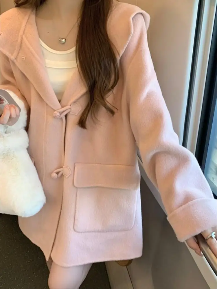 Женское шерстяное пальто модная свободная теплая розовая куртка средней длины