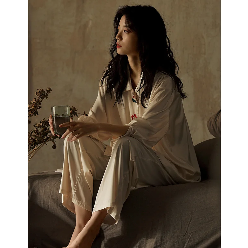 Flower Decorated Designer Pajamas Set Two Pieces Spring Autumn Pyjamas For Female Satin Silk PJ Set Sleepwear Home Wear Set
