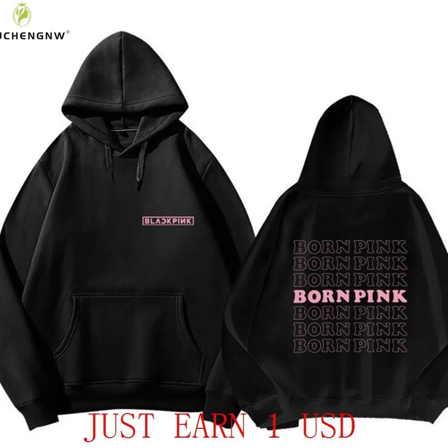 

2023 Kpop BORN Pink Tour Voice концерт однотонный с капюшоном с длинным рукавом хлопковый свитшот Bp Y2K Топ оверсайз в стиле хип-хоп
