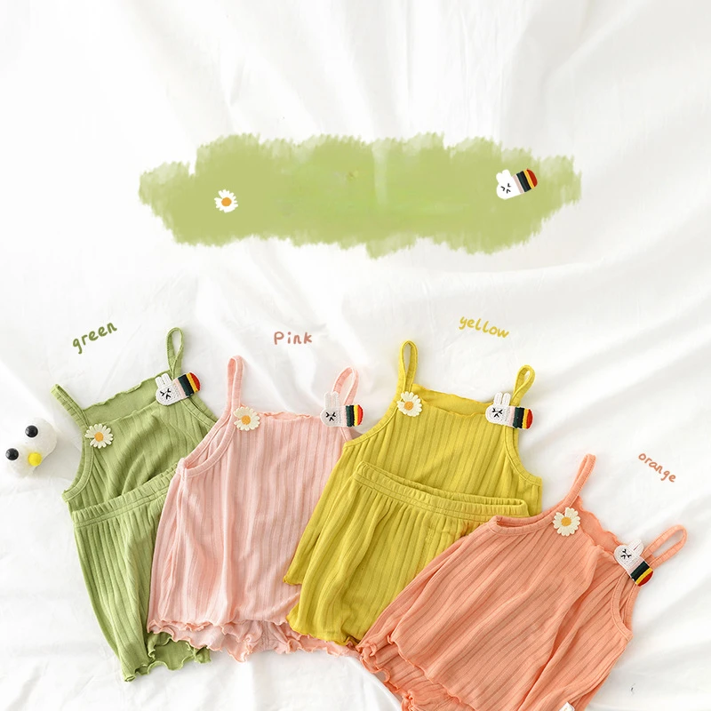 

Summer Sweet O-neck Baby Girl Rainbow Rabbit Floral Suspender Vest +shorts Cute Solid Color Two-piece Set Kids Clothes Girls