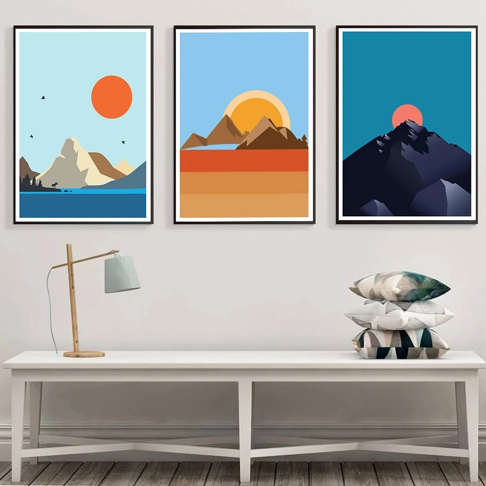 

Nordic Mountain Landscape Wall Art Painting Minimalist Sunrise Sunset Canvas Posters Prints Pictures for Living Room Home Decor