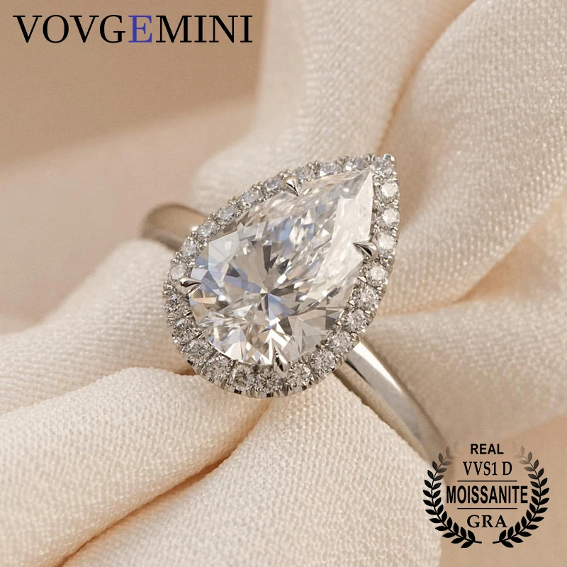 

VOVGEMINI Moissanite Silver Ring 3carat Pear Original Joyas Plata De Ley 925 Sterling Vvs1 D Color Lab Diamond Anillos Frete