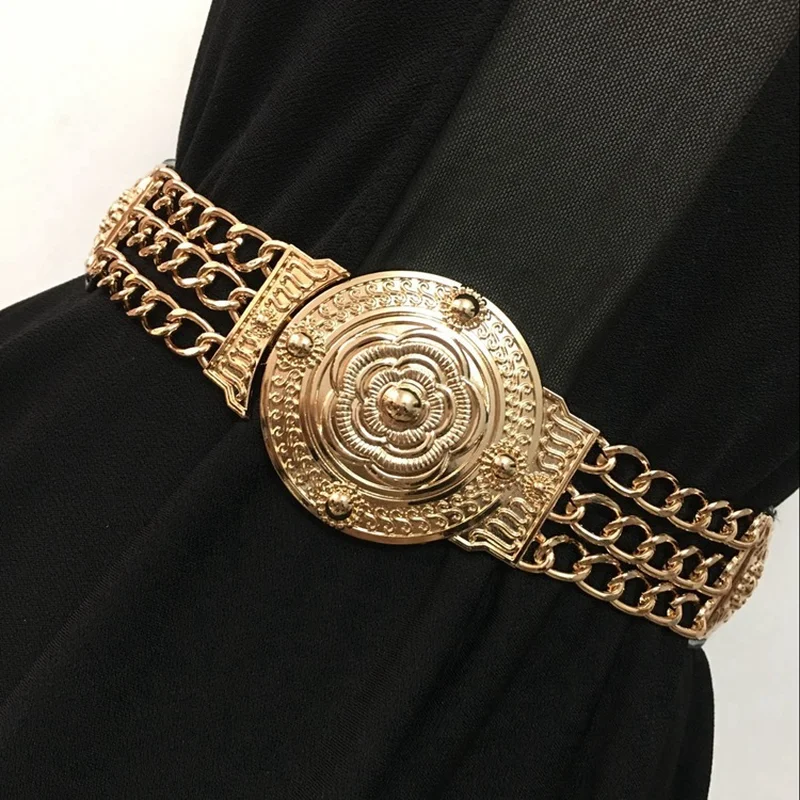 

2022 Women Flower Waist Belts Fashion Ladies Floral Elastic Wide Gold Metal Belt For Dress Female Golden Chain Belt Girls