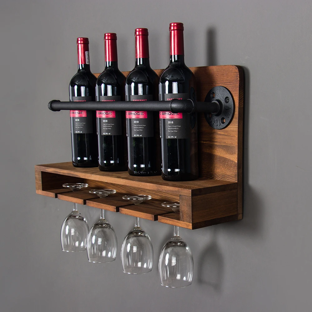 

Industrial Rustic DIY Style Wall Mounted Pipe Wine Racks with 4 Stem Glass Holder