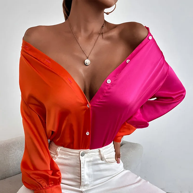 

Satin Elegant Women Shirt Button Up Lapel Loose Office Ladies Blouses Top Vintage Patchwork Print Casual Autumn Loose Tops