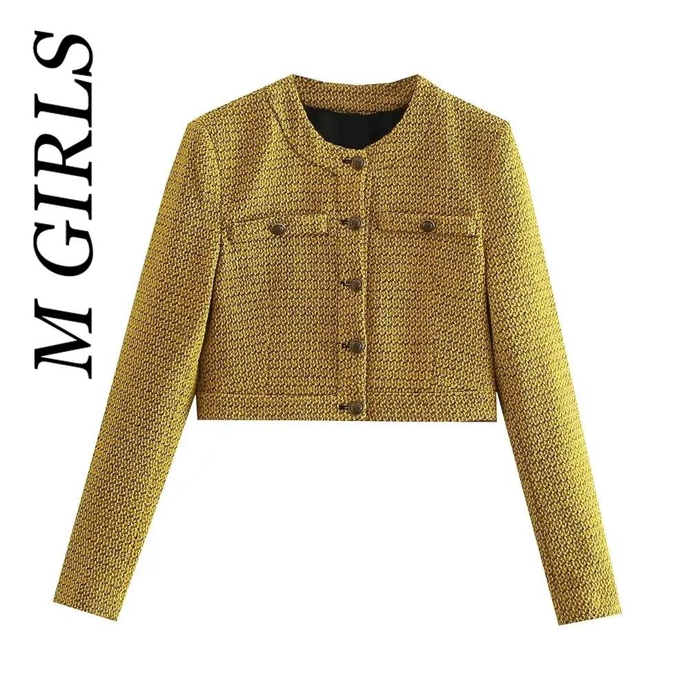 

M GIRLS Women Fashion Tweed Cropped Jacket Coat Vintage Long Sleeve False Welt Pockets Female Outerwear Chic Veste Femme