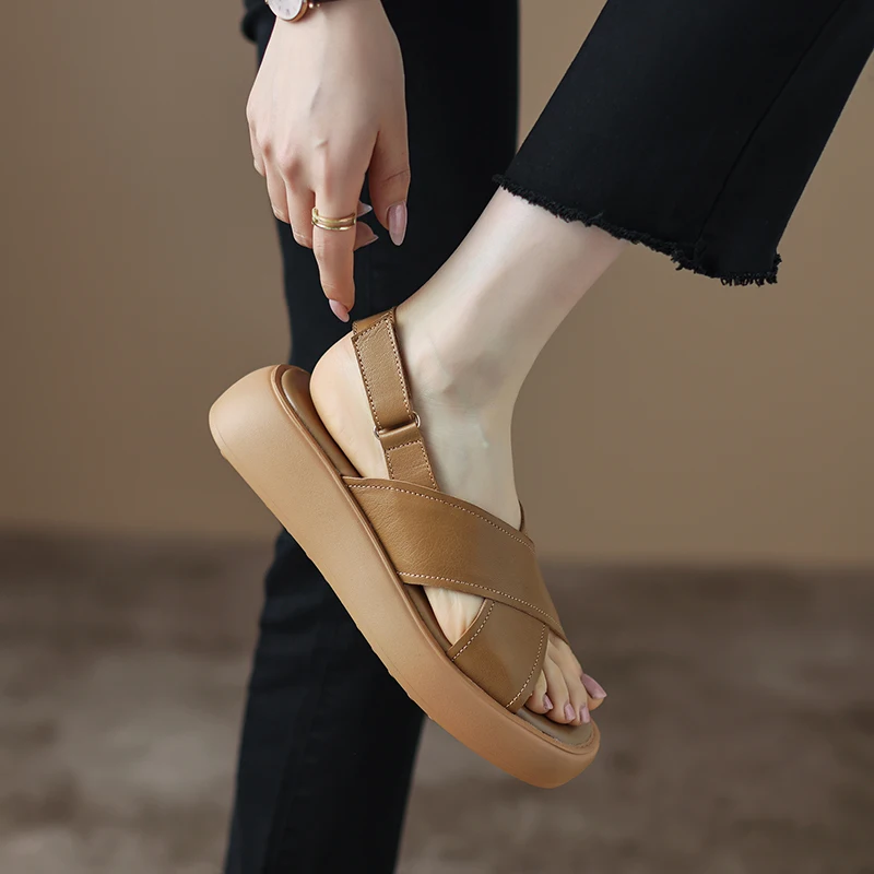 

2022 new summer women Sandals natural leather 22-24.5cm sheepskin upper cross straps sandals shoes for women Classic Casual