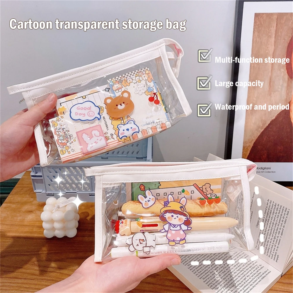

6 Colors Optional Cute Transparent Small Fresh Pencil Case Makeup Bag Simple Cartoon Student Storage Bag Portable Coin Purse