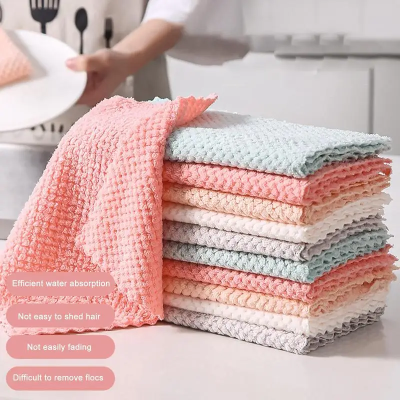 

10pcs Kitchen Cleaning Rag Coral Fleece Dish Washing Cloth Super Absorbent Scouring Pad Dry And Wet Kitchen Cleaning Towels