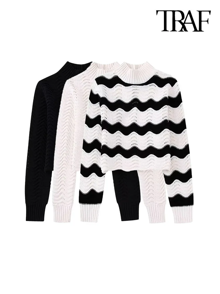 

TRAF Women Fashion Soft Touch Chenille Cropped Knit Sweater Vintage High Neck Long Sleeve Female Pullovers Chic Tops