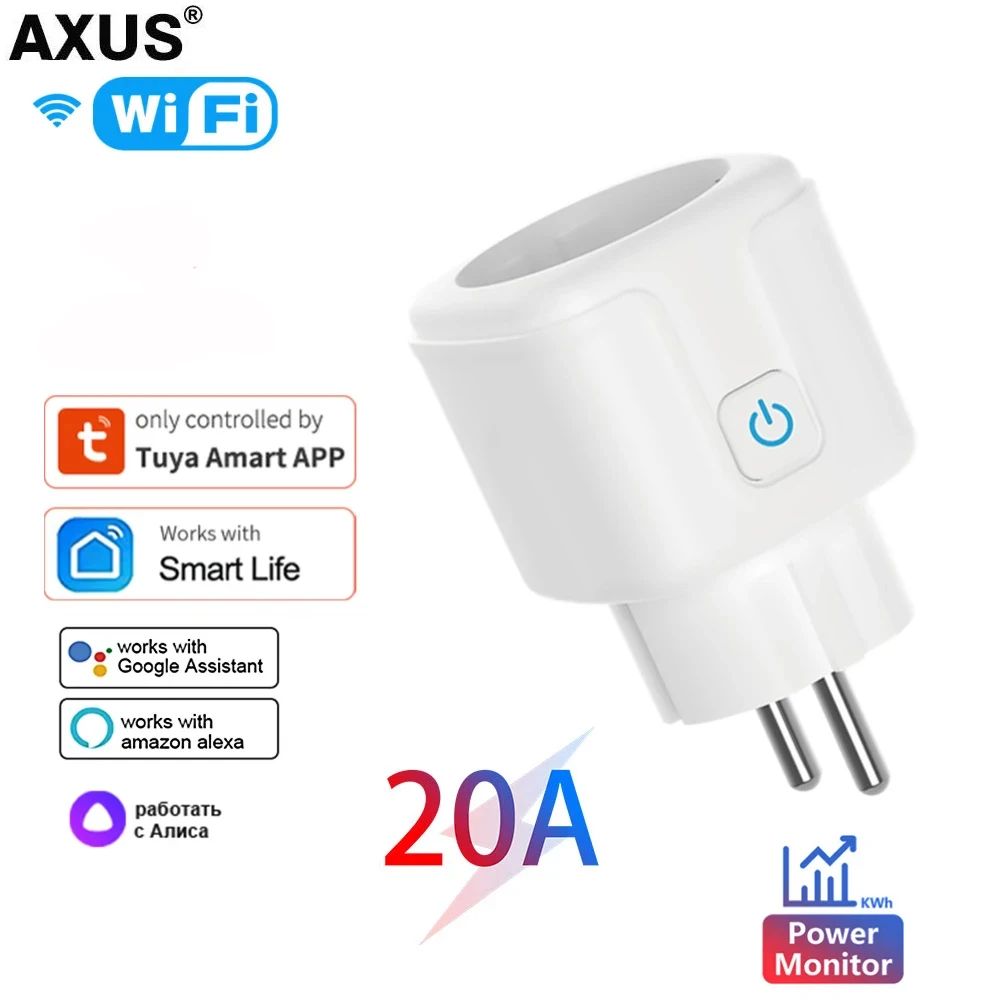 

AXUS 20A WiFi Tuya Smart Plug Smart Home Voice Timer Power Monitor Outlet For Smart Life APP Alexa Google Home White