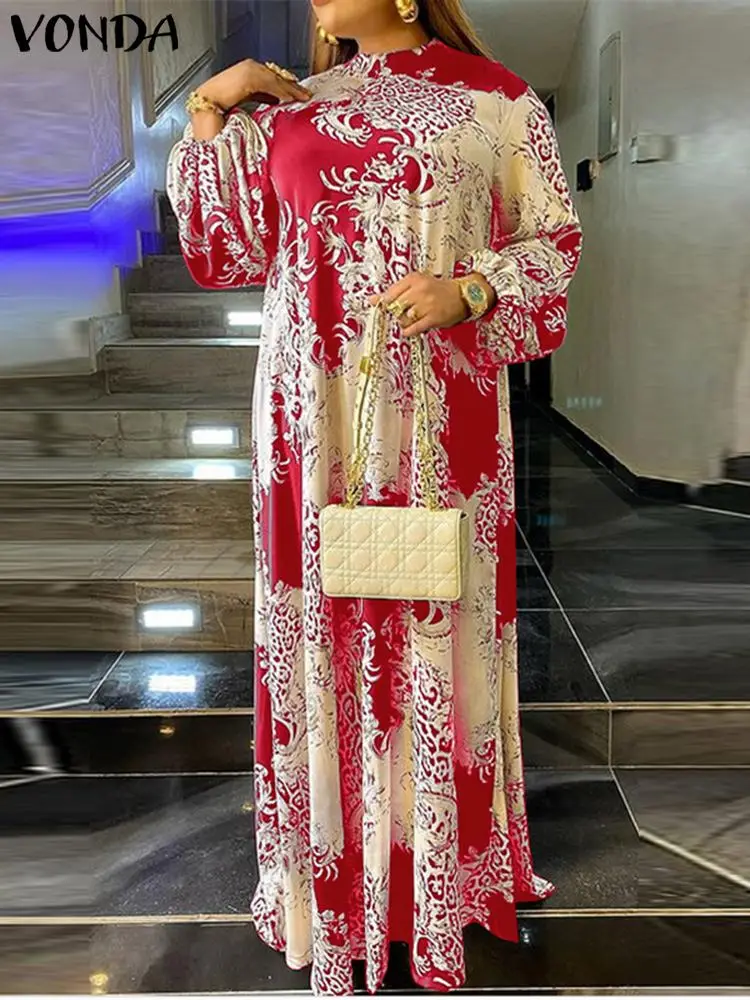 

Summer Maxi Dress VONDA Women Vintage Long Lantern Sleeve Floral Printed Sundress 2022 Bohemian Stand Collar Beach Vestidos