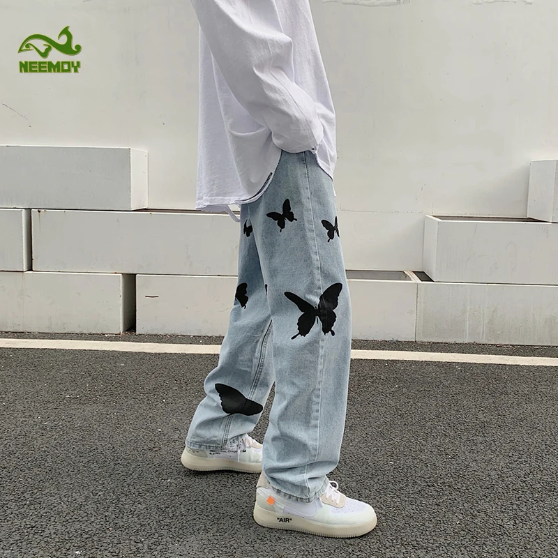 Neemoy Butterfly Print Jeans Men's Pants Streetwear Jeans Fashion Casual Denim Pants Stretch Straight Trousers Male Clothing