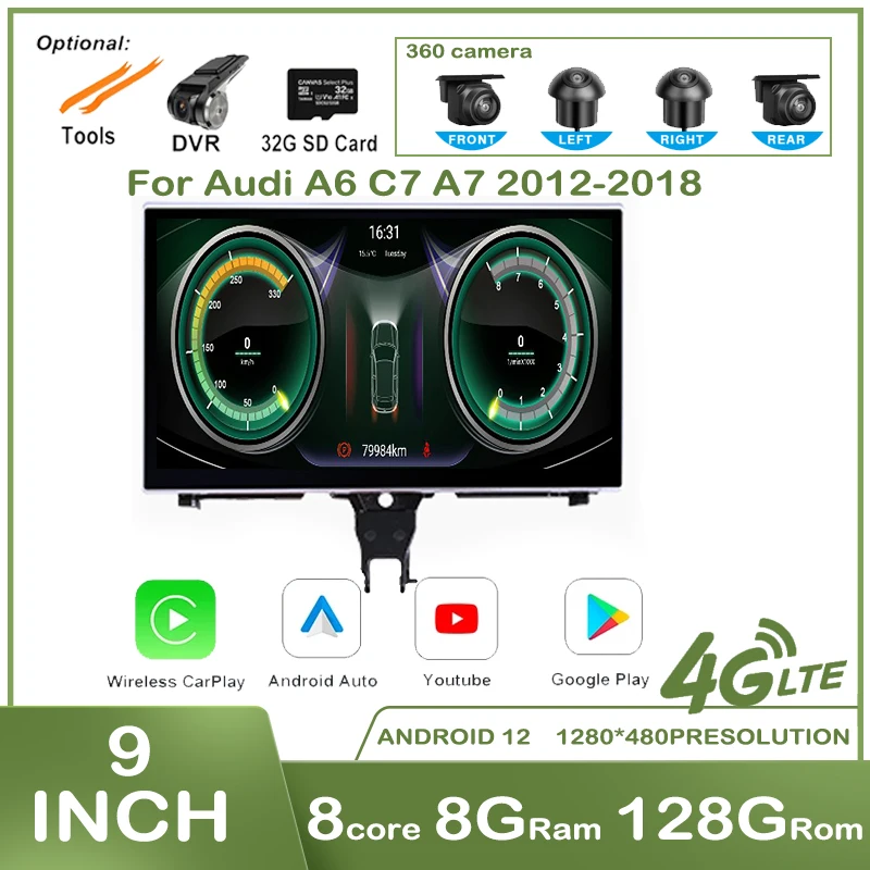 

9" IPS Screen Android 12 For Audi A6 C7 A7 2012 - 2018 Wireless Carplay Car Player Multimedia Radio Stereo Video GPS Navigation