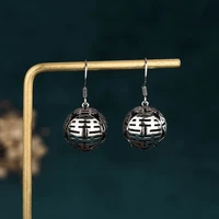 china style vintage wedding jewelry old thai silver plated earrings hollow design character round drop earrings for women 30mm