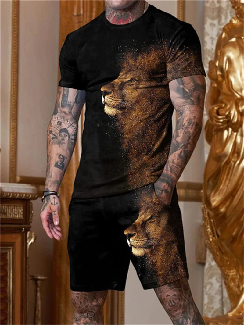 

Summer men's Sportswear suit animal lion 3d printing short sleeved T-shirt shorts 2-piece suit Casual wear fashion men's clothin