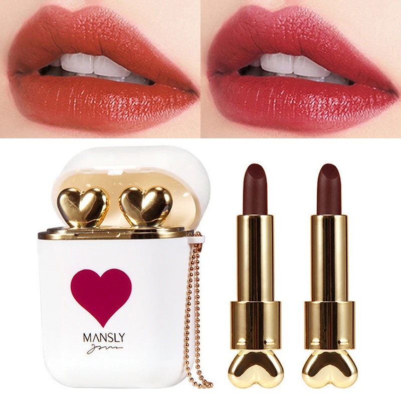 

2pcs/set Earphone Velvet Matte Lipsticks Non-Stick Cup Sexy Red Lip Stick Moisturizing Waterproof Lipsticks Makeup Cosmestic