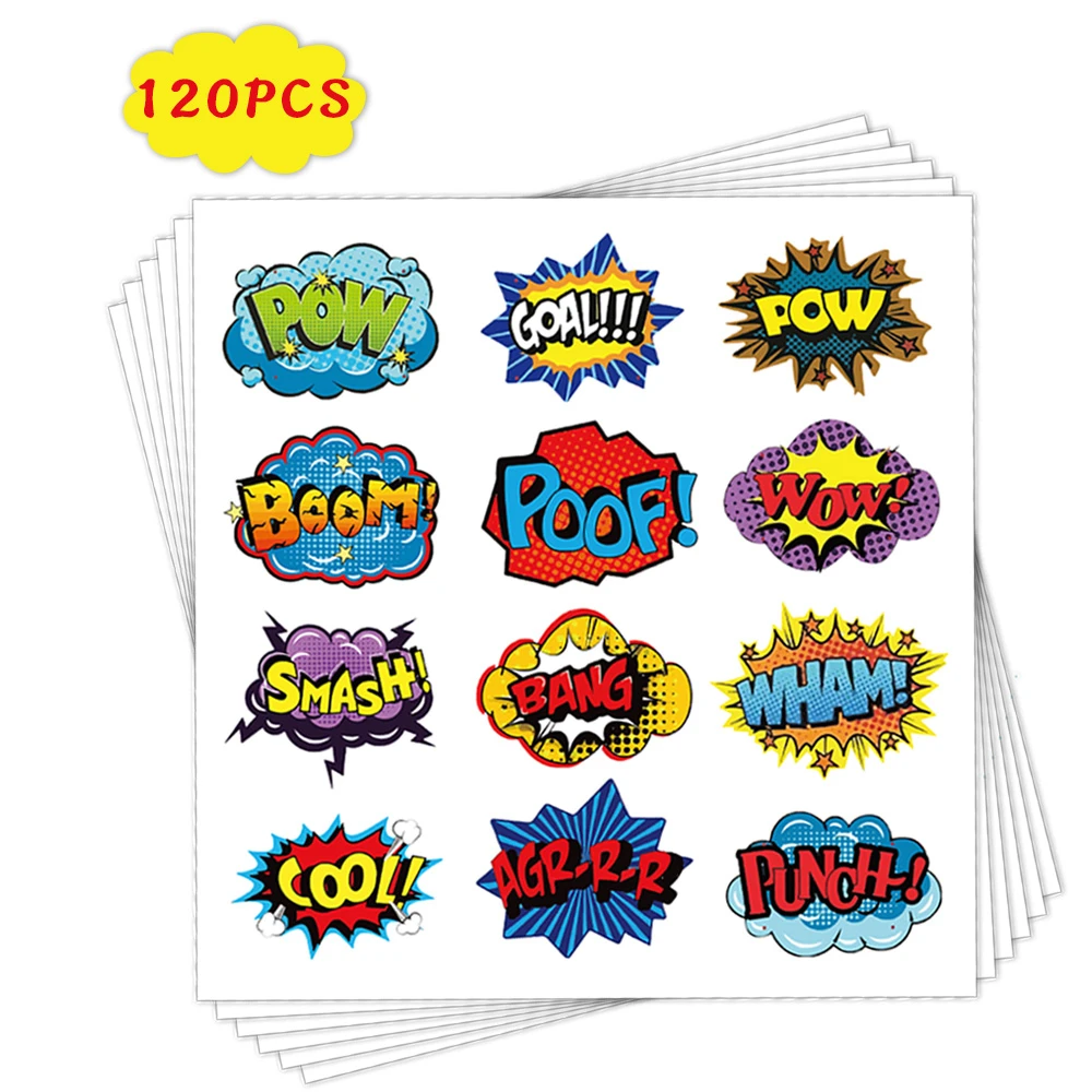 Pegatinas de recompensa de superhéroes para niños, etiqueta adhesiva de dibujos animados con palabras animadoras para profesores, estudiantes, papelería, 120-500 piezas