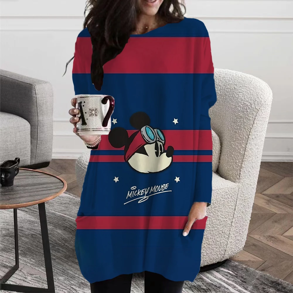 Autumn Spring Plus Size Women's Disney Minnie Mickey Mouse Print O-neck Long-sleeved Simple Y2k T-shirt Tunic With Pockets Top